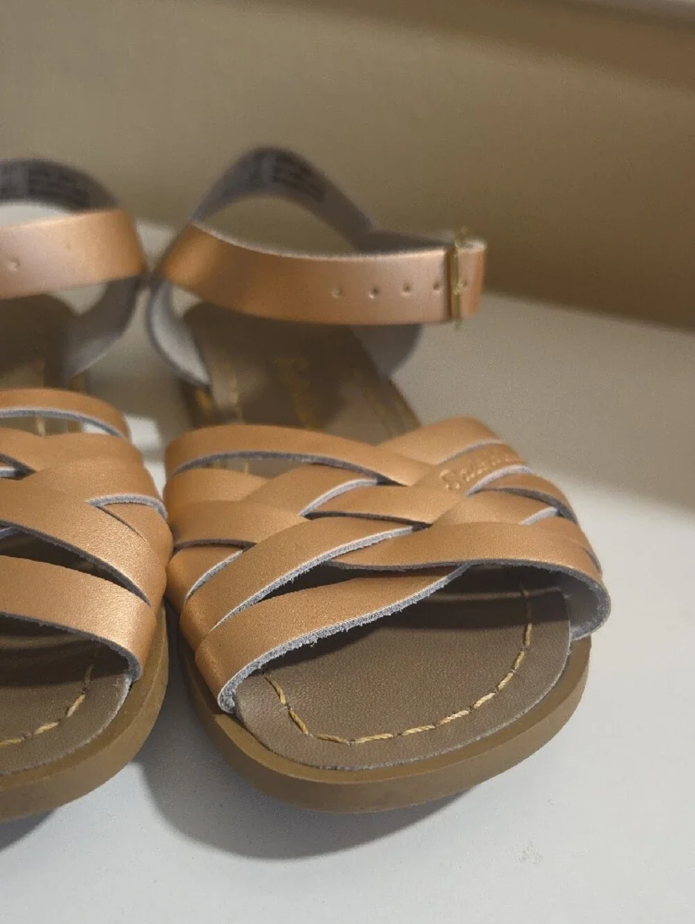 Salt Water Sans Braided Leather Metallic  Rose Gold Ankle-Strap Sandals Sz 1